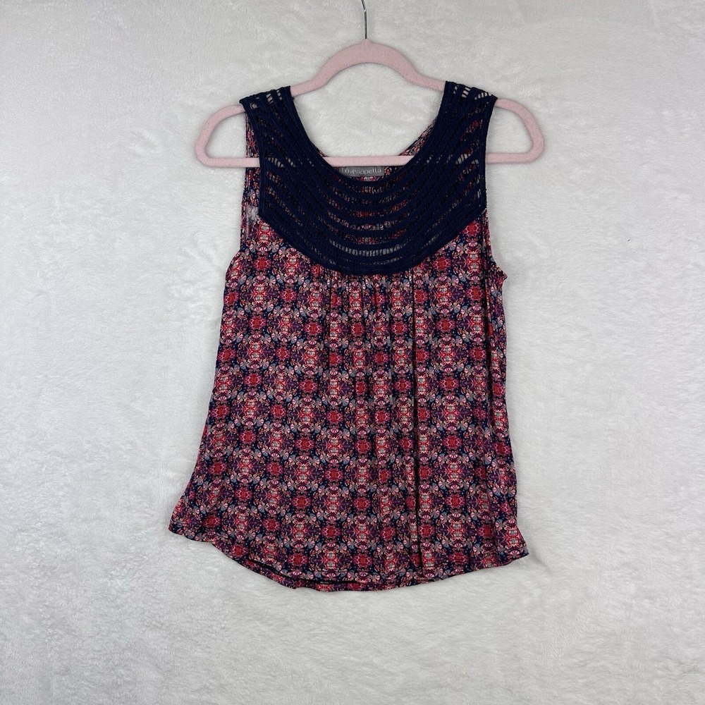 Love Apella S Sleeveless Top Blouse Crochet Neckline Floral Navy‎ Pink